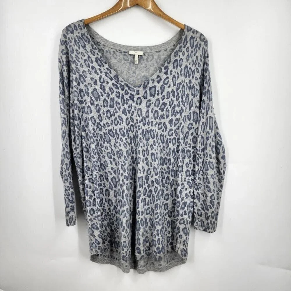 Joie Women's Cheetah Print Pullover Wool Cashmere V-Neck 3/4 Sleeve Sweater SZ L